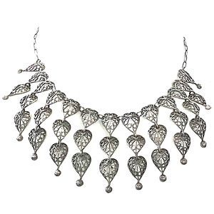 Art Nouveau Sterling Silver Canitelle Heart Leaf Link Fringe Choker Necklace VTG